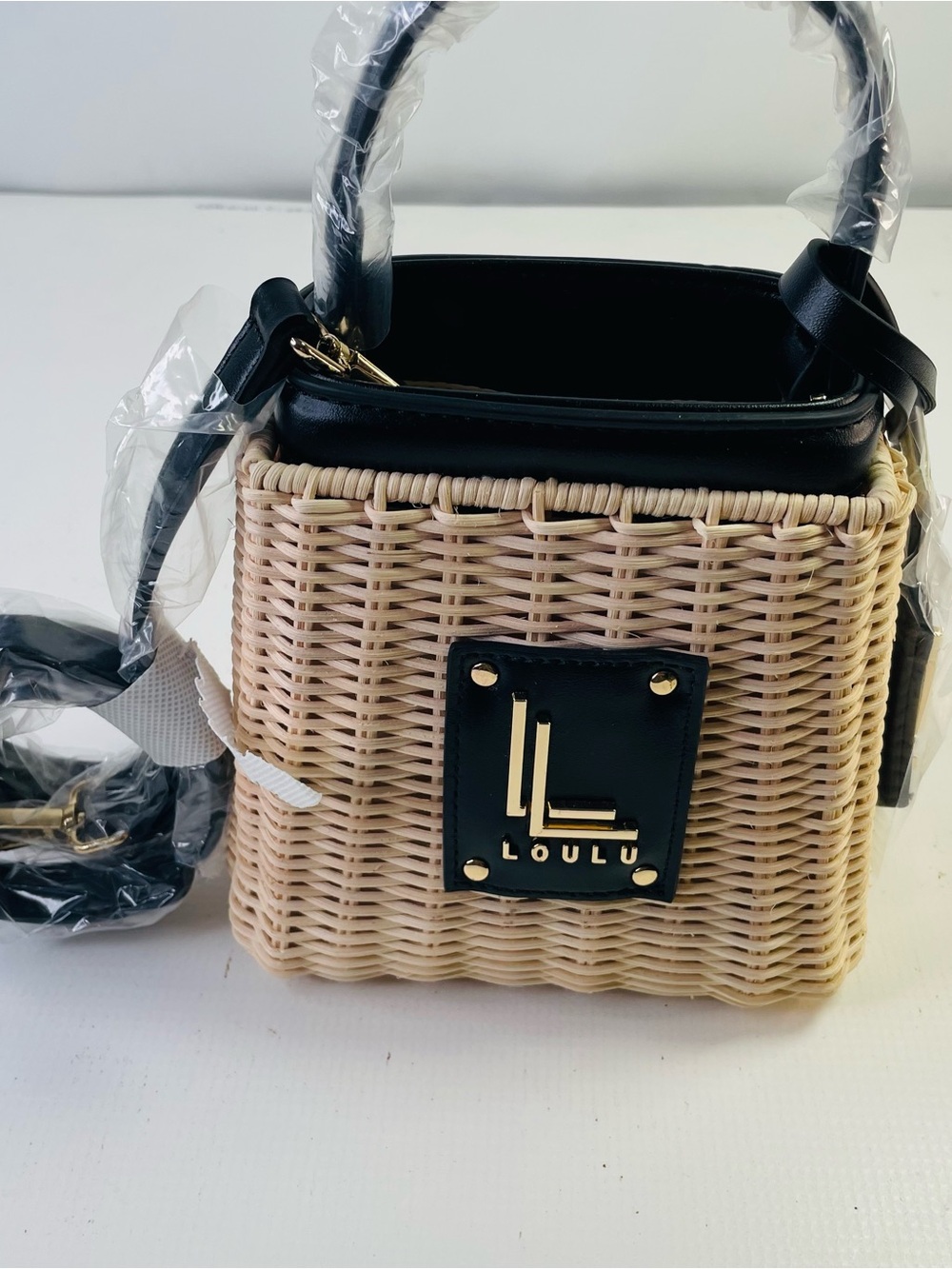 Ulu Mini Woven Box Bag in Natural and Black with Gold Hardware
